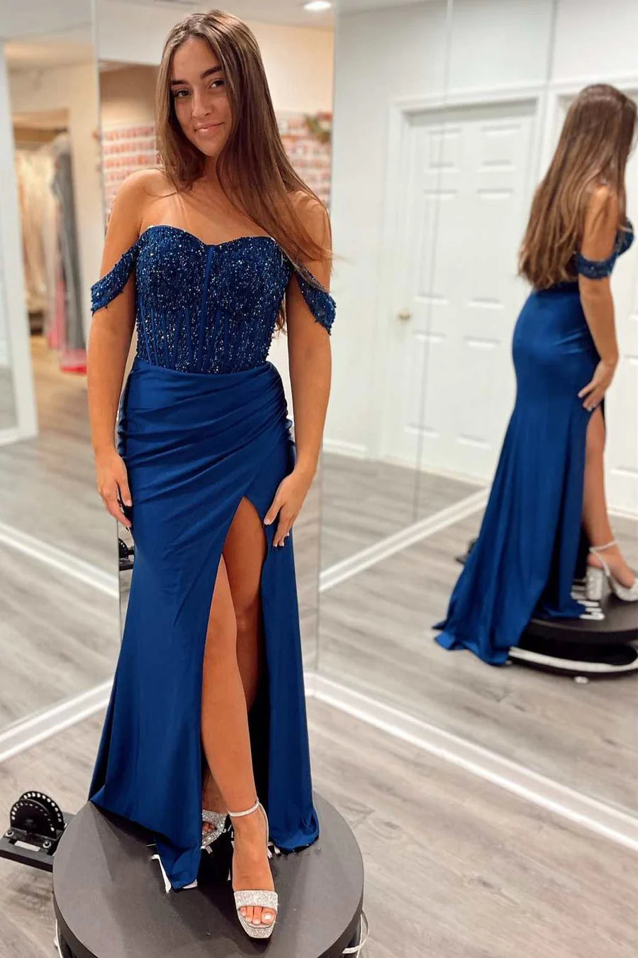 Off-the-Shoulder Beaded Satin Prom Dress with Slit ﻿