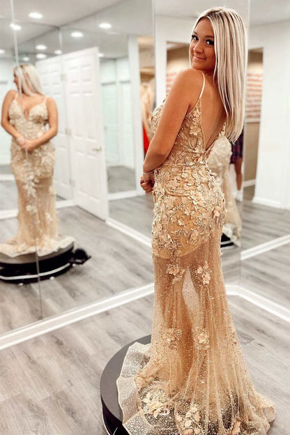 Sheer Mesh Floral Lace Backless Mermaid Prom Dress