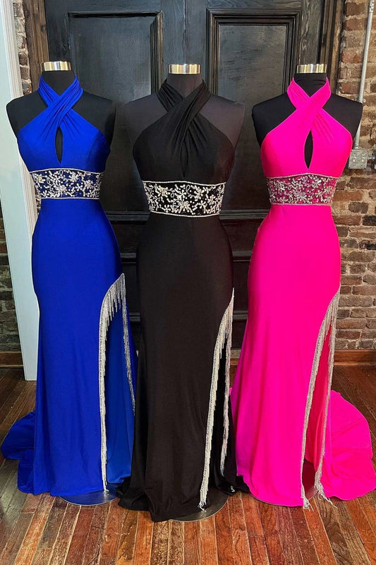 Cross-Front Beaded Cutout Back Prom Dress