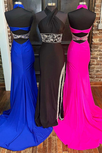 Cross-Front Beaded Cutout Back Prom Dress