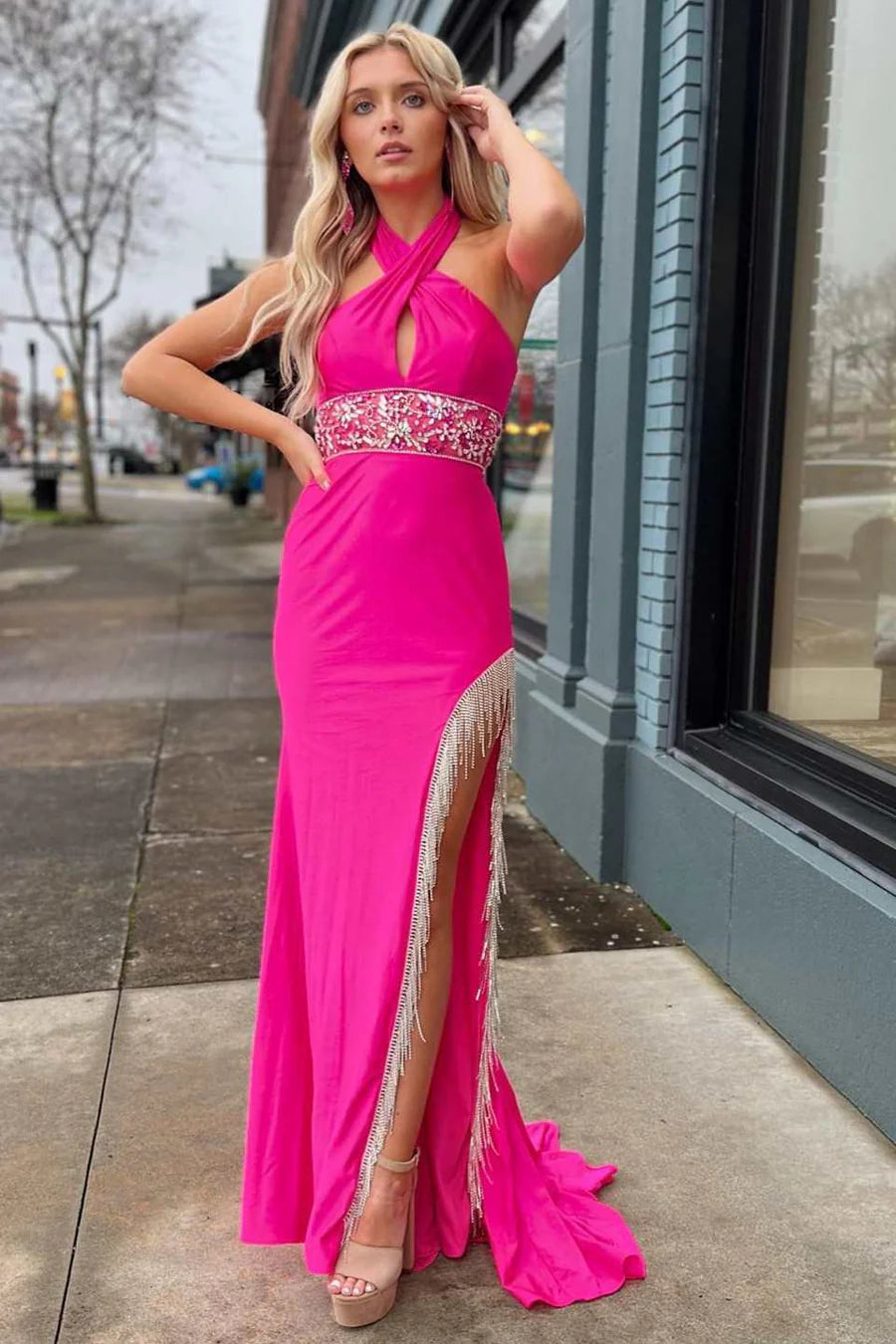 Cross-Front Beaded Cutout Back Prom Dress