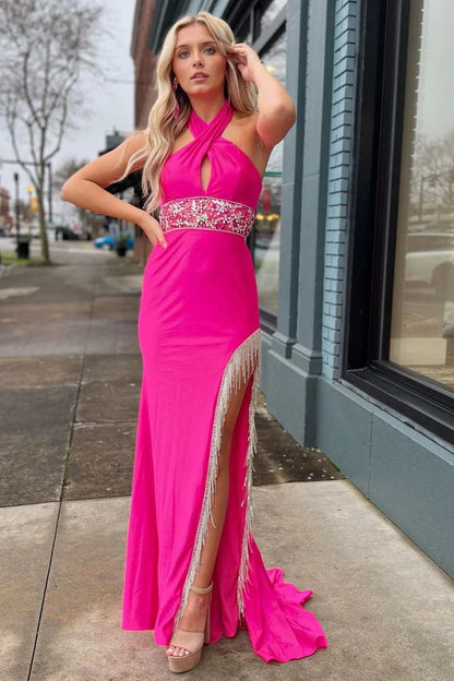 Cross-Front Beaded Cutout Back Prom Dress