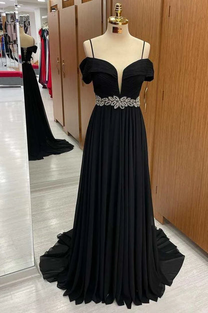 A-Line Cold-Shoulder Belted Waist Prom Dress