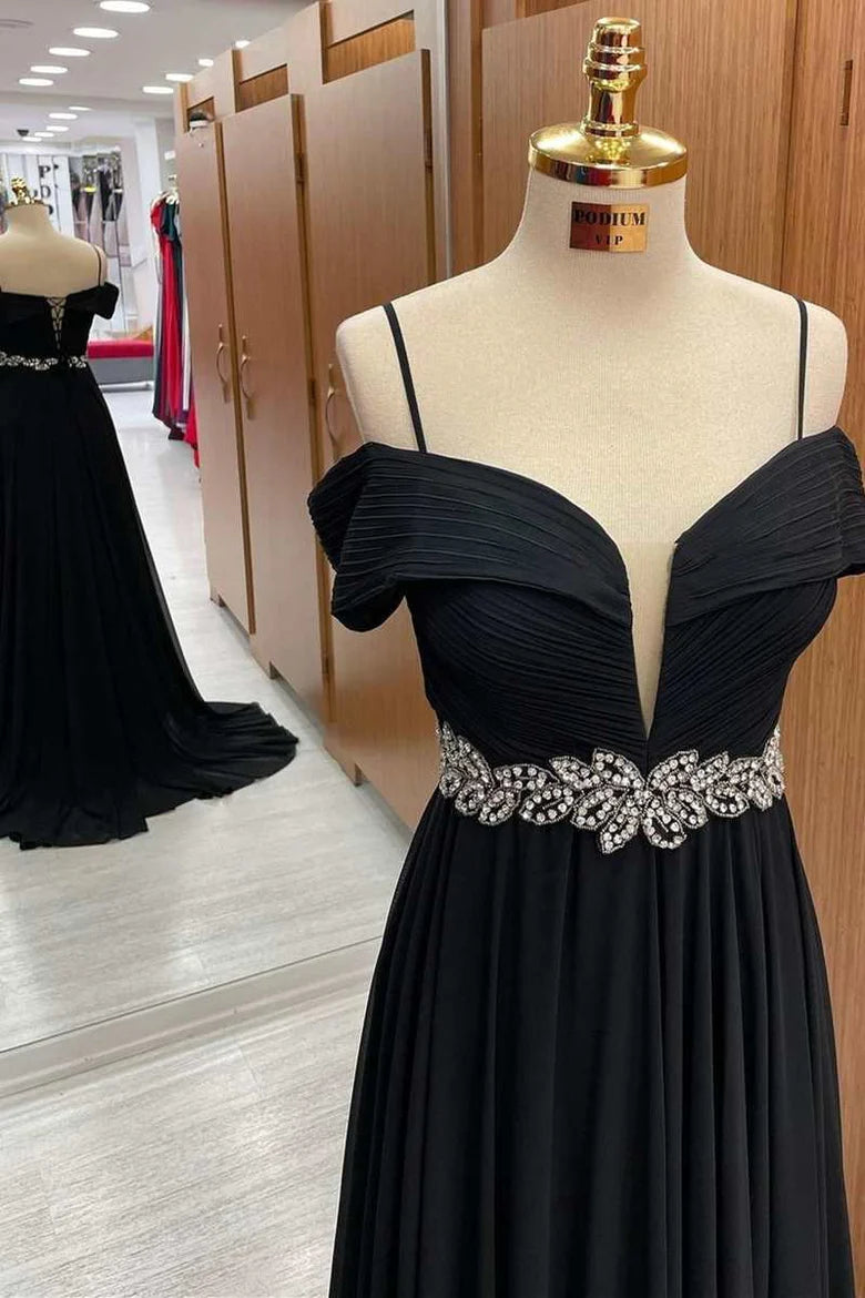 A-Line Cold-Shoulder Belted Waist Prom Dress