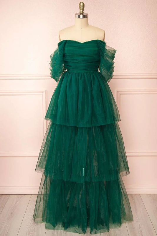 A-Line Tiered Tulle Off-the-Shoulder Prom Dress