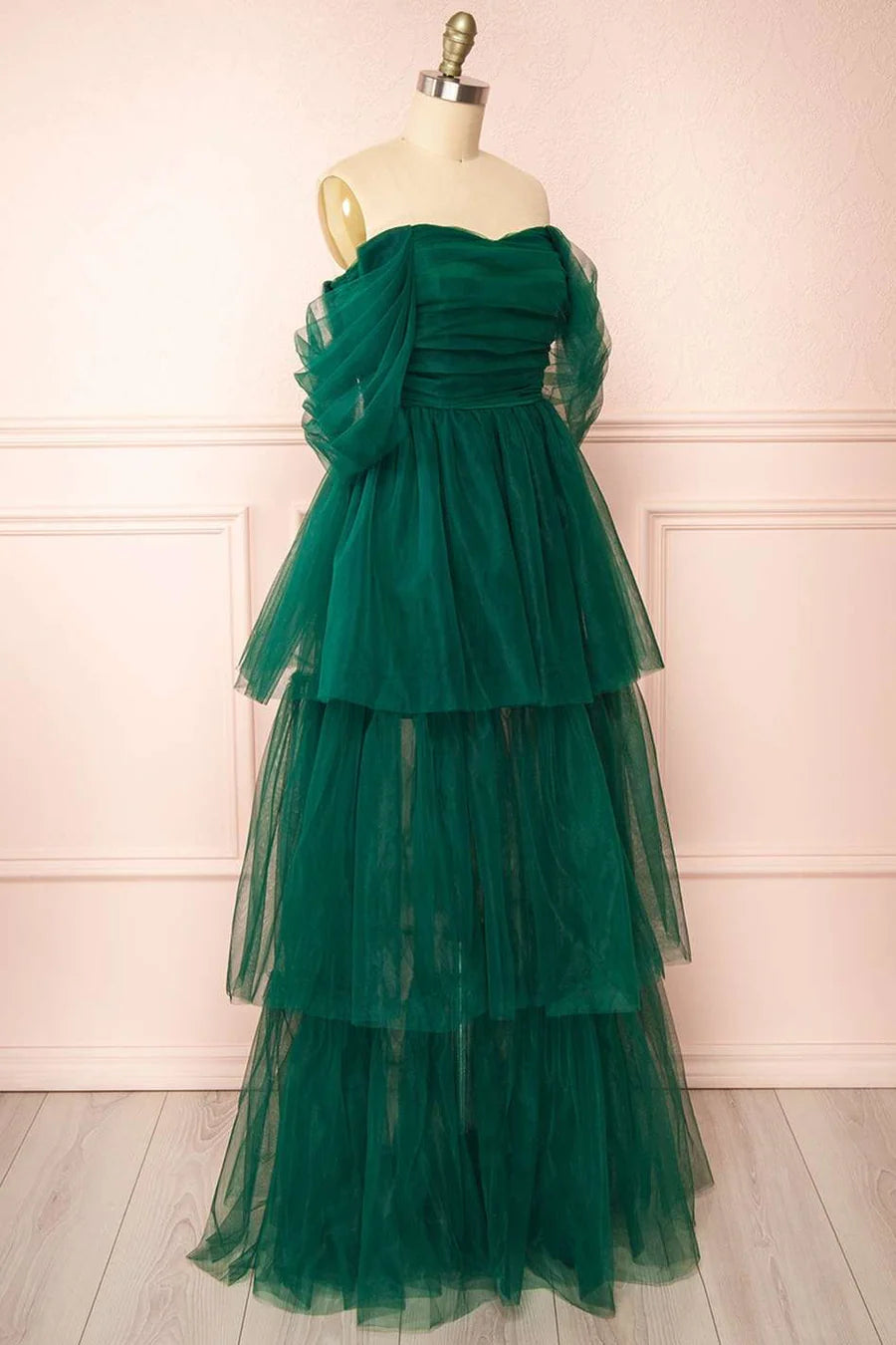 A-Line Tiered Tulle Off-the-Shoulder Prom Dress