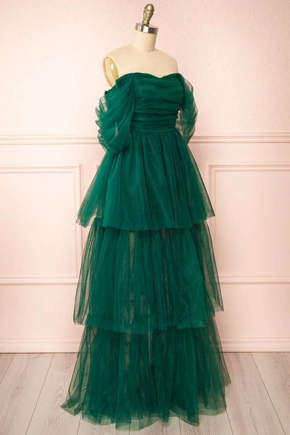 A-Line Tiered Tulle Off-the-Shoulder Prom Dress