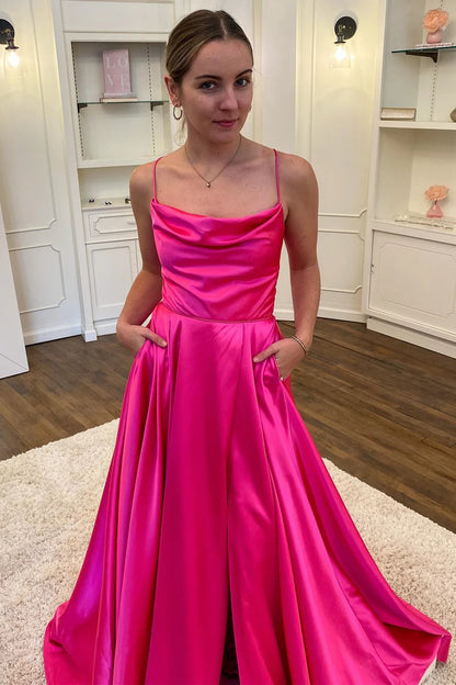 A-Line Satin Cowl Neck Prom Dress