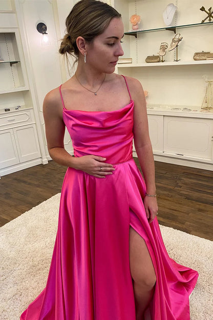 A-Line Satin Cowl Neck Prom Dress