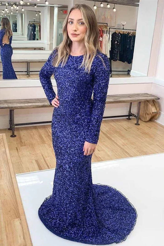 Sequin Long Sleeve Backless Mermaid Prom Dress