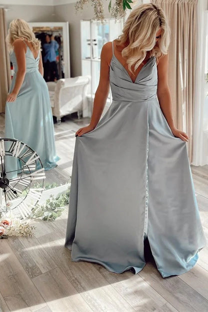 Satin Pleated V-Neck Backless PromDress