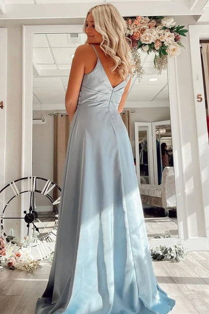 Satin Pleated V-Neck Backless PromDress