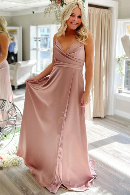 Satin Pleated V-Neck Backless PromDress