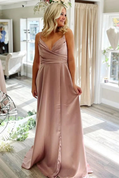 Satin Pleated V-Neck Backless PromDress