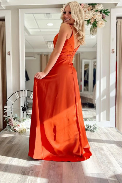 Satin Pleated V-Neck Backless PromDress