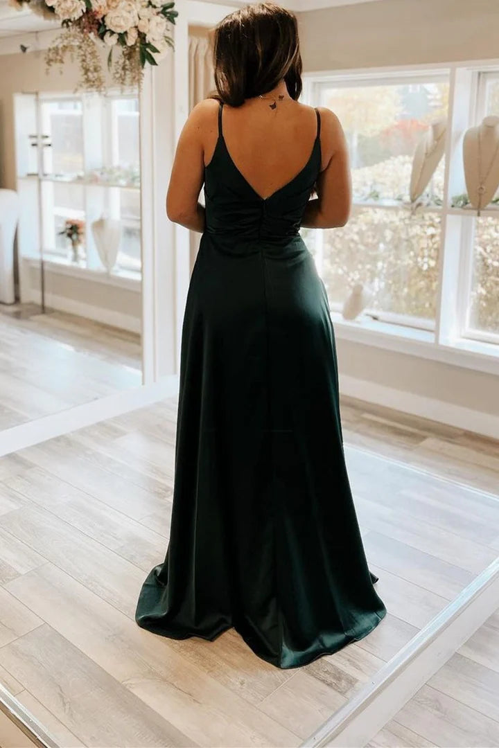 Satin Pleated V-Neck Backless PromDress