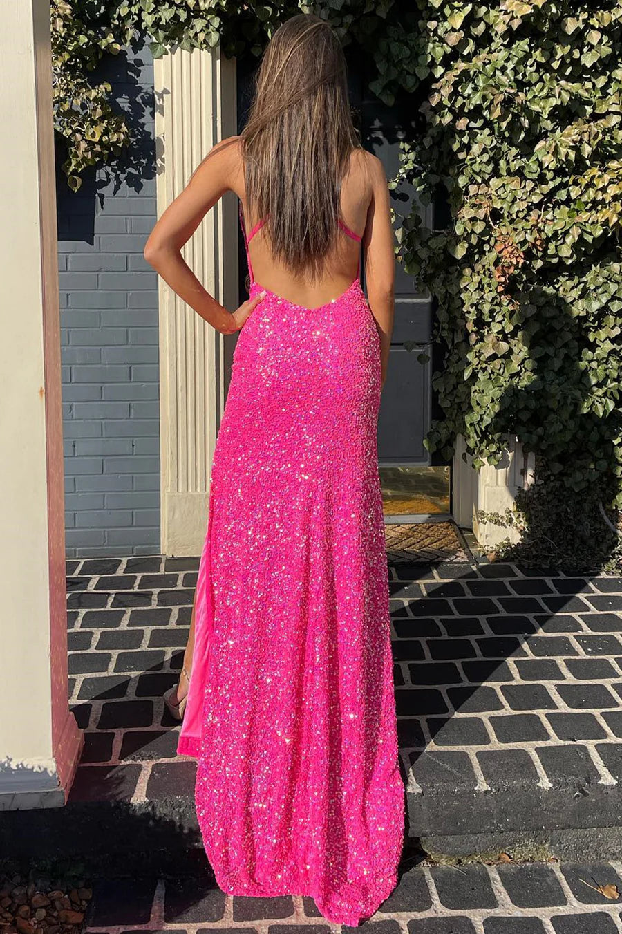 Sequined V-Neck Backless Prom Dress