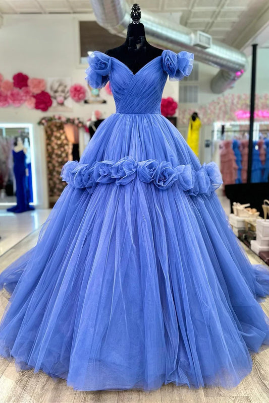 Tulle Off-the-Shoulder Prom Dress with Flowers