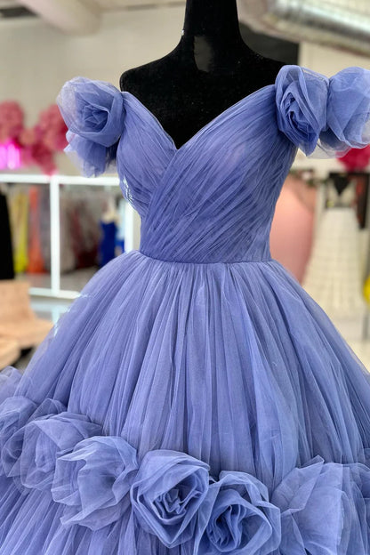 Tulle Off-the-Shoulder Prom Dress with Flowers