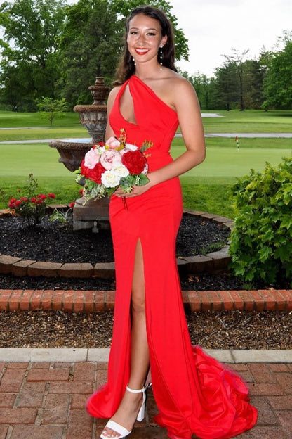 One-Shoulder Cutout Mermaid Long Prom Dress with Slit