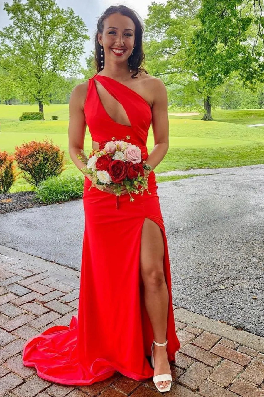 One-Shoulder Cutout Mermaid Long Prom Dress with Slit