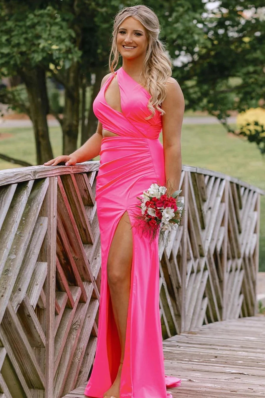 One-Shoulder Cutout Mermaid Long Prom Dress with Slit