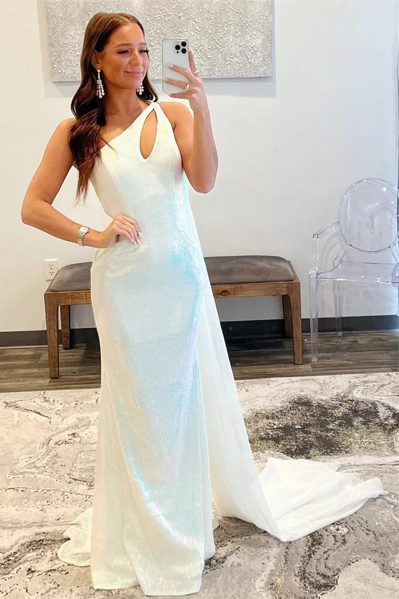 One-Shoulder Sequins  Cutout Long Prom Dress with Scarf