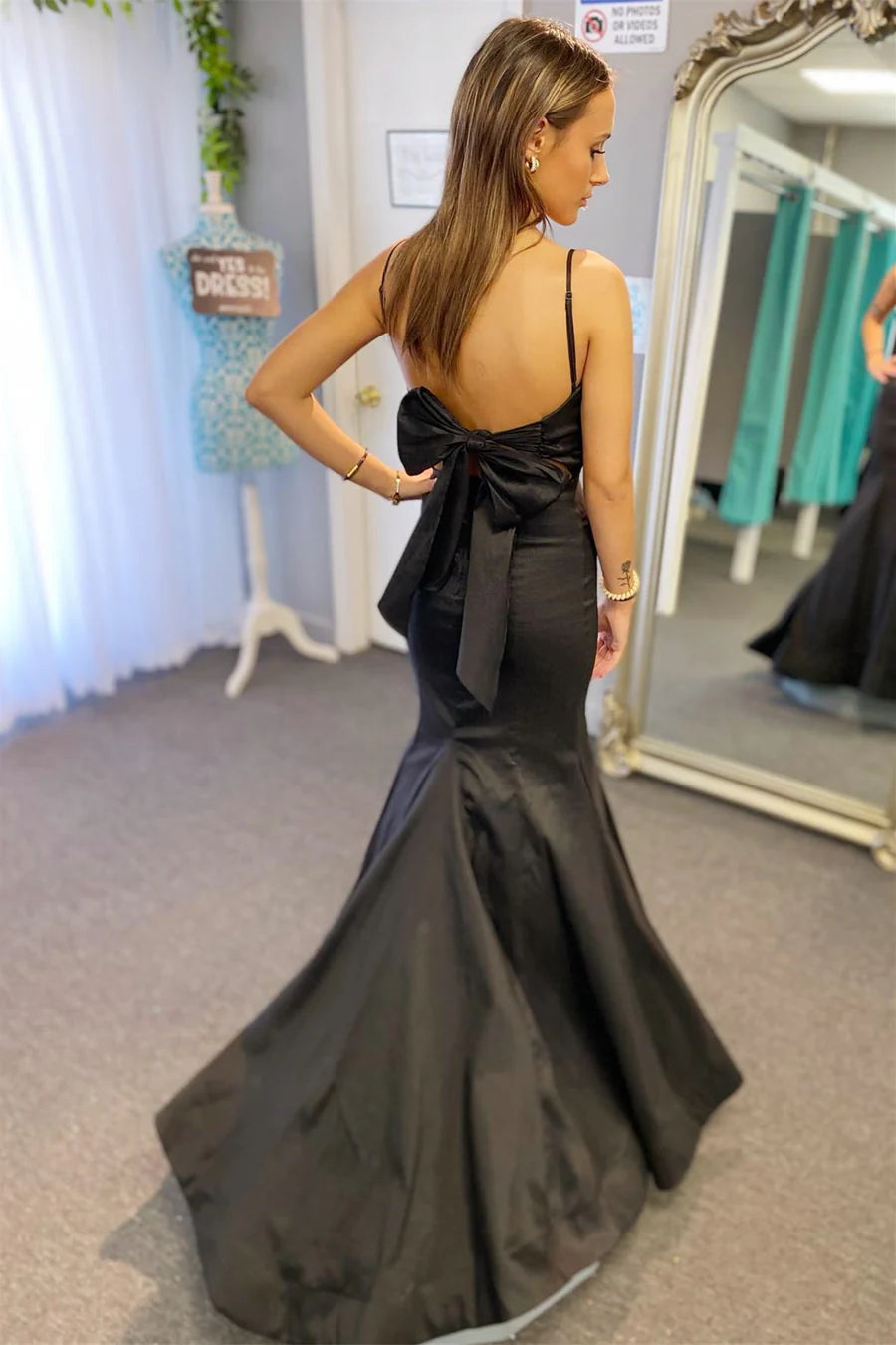 Pleated Straps Prom Dress with Bow