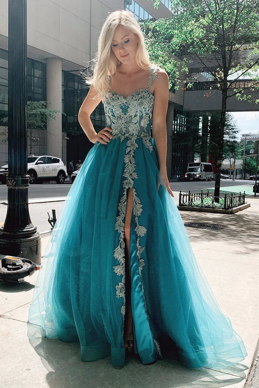 A-Line Tulle Floral Sweetheart Prom Dress With Applique