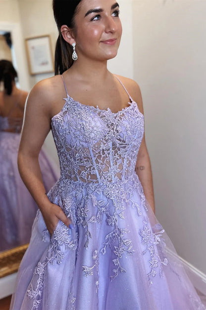 A-Line Tulle Applique Lace-Up Back Prom Dress