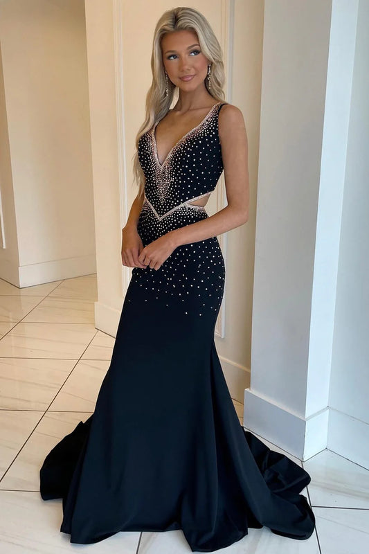 Beaded V-Neck Cutout Trumpet Prom Dress