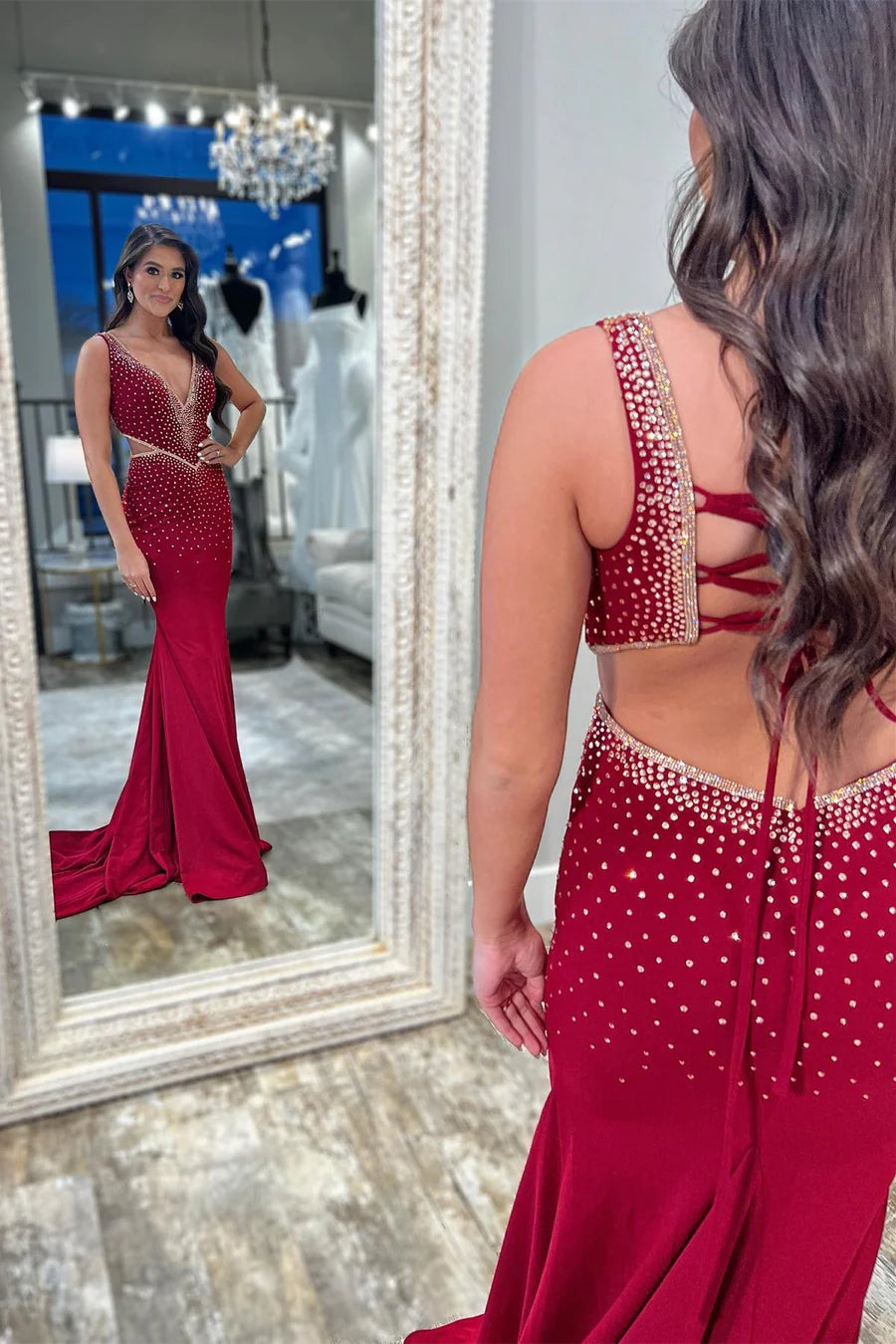 Beaded V-Neck Cutout Trumpet Prom Dress