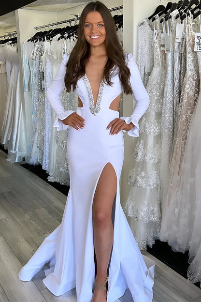 Deep V Cutout Mermaid Prom Dress with Long Sleeves