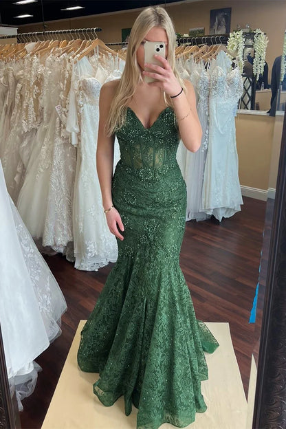 Lace Beaded Sweetheart Long Prom Dress