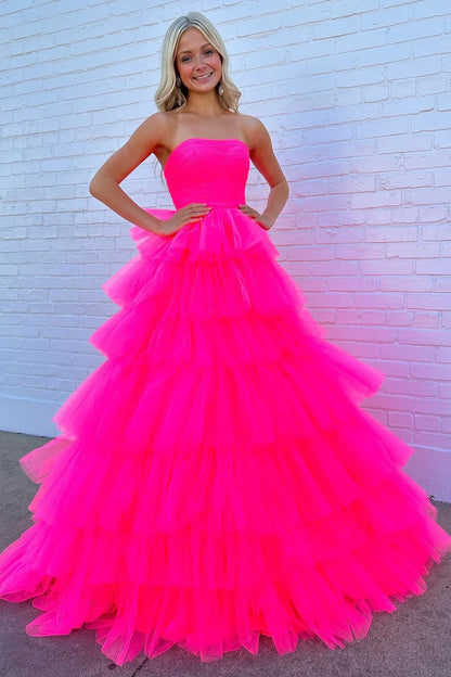 A-Line Strapless Tiered Prom Dress with Ruffles