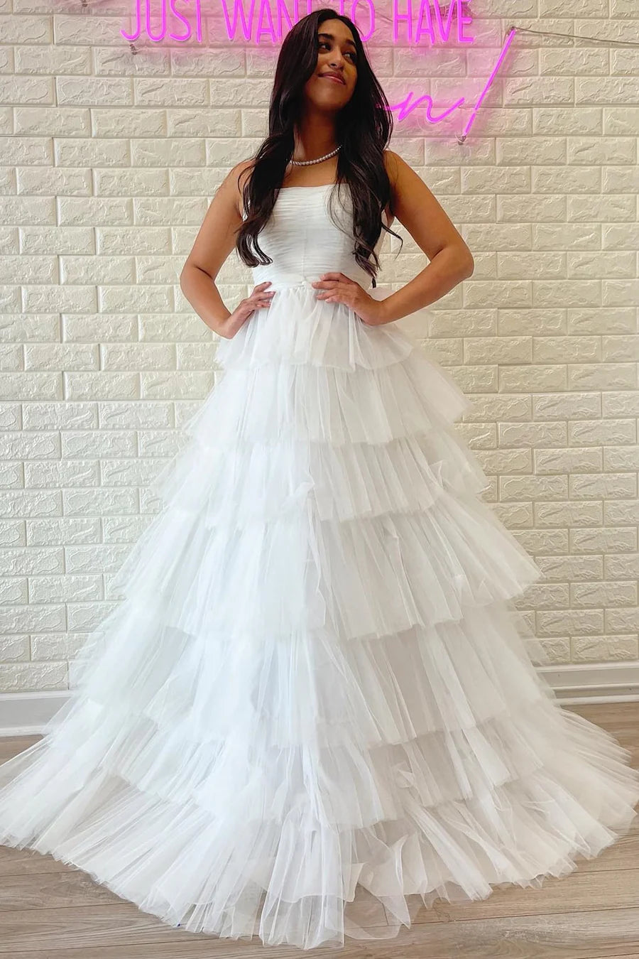 A-Line Strapless Tiered Prom Dress with Ruffles