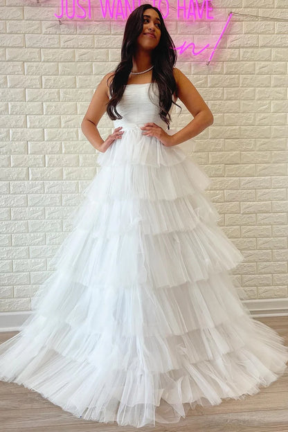 A-Line Strapless Tiered Prom Dress with Ruffles