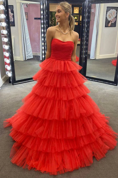 A-Line Strapless Tiered Prom Dress with Ruffles