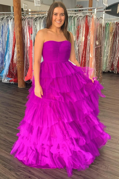 A-Line Strapless Tiered Prom Dress with Ruffles