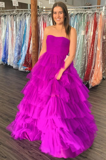 A-Line Strapless Tiered Prom Dress with Ruffles