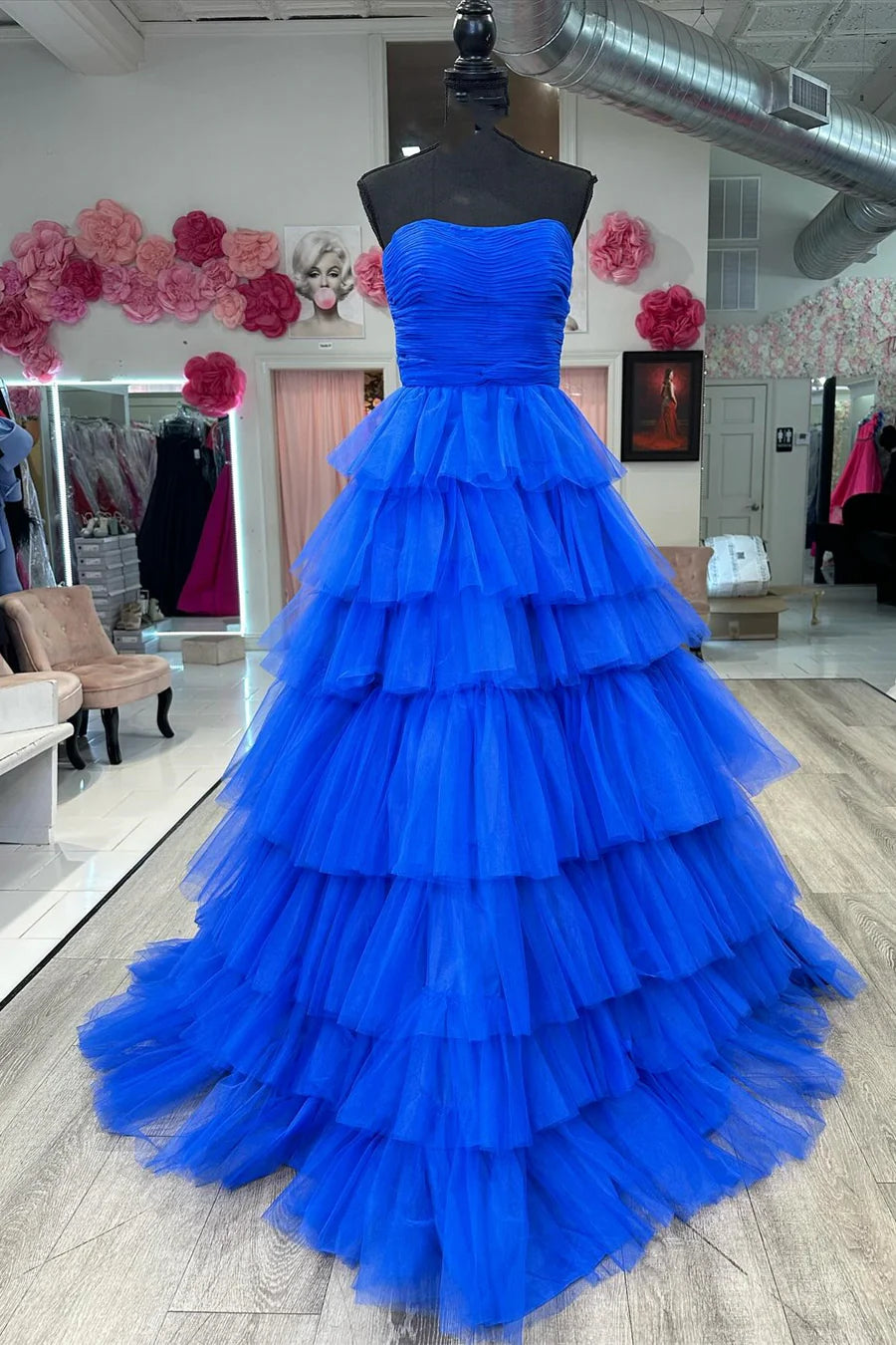 A-Line Strapless Tiered Prom Dress with Ruffles