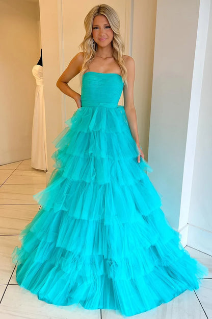 A-Line Strapless Tiered Prom Dress with Ruffles