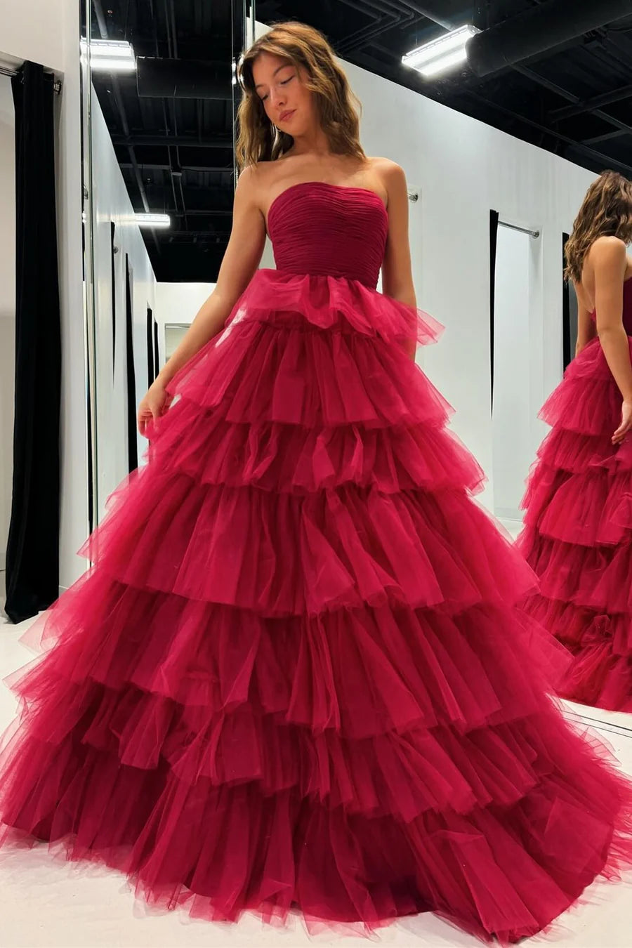 A-Line Strapless Tiered Prom Dress with Ruffles