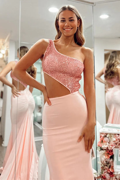 One-Shoulder Pink Sequin Cutout Prom Dress