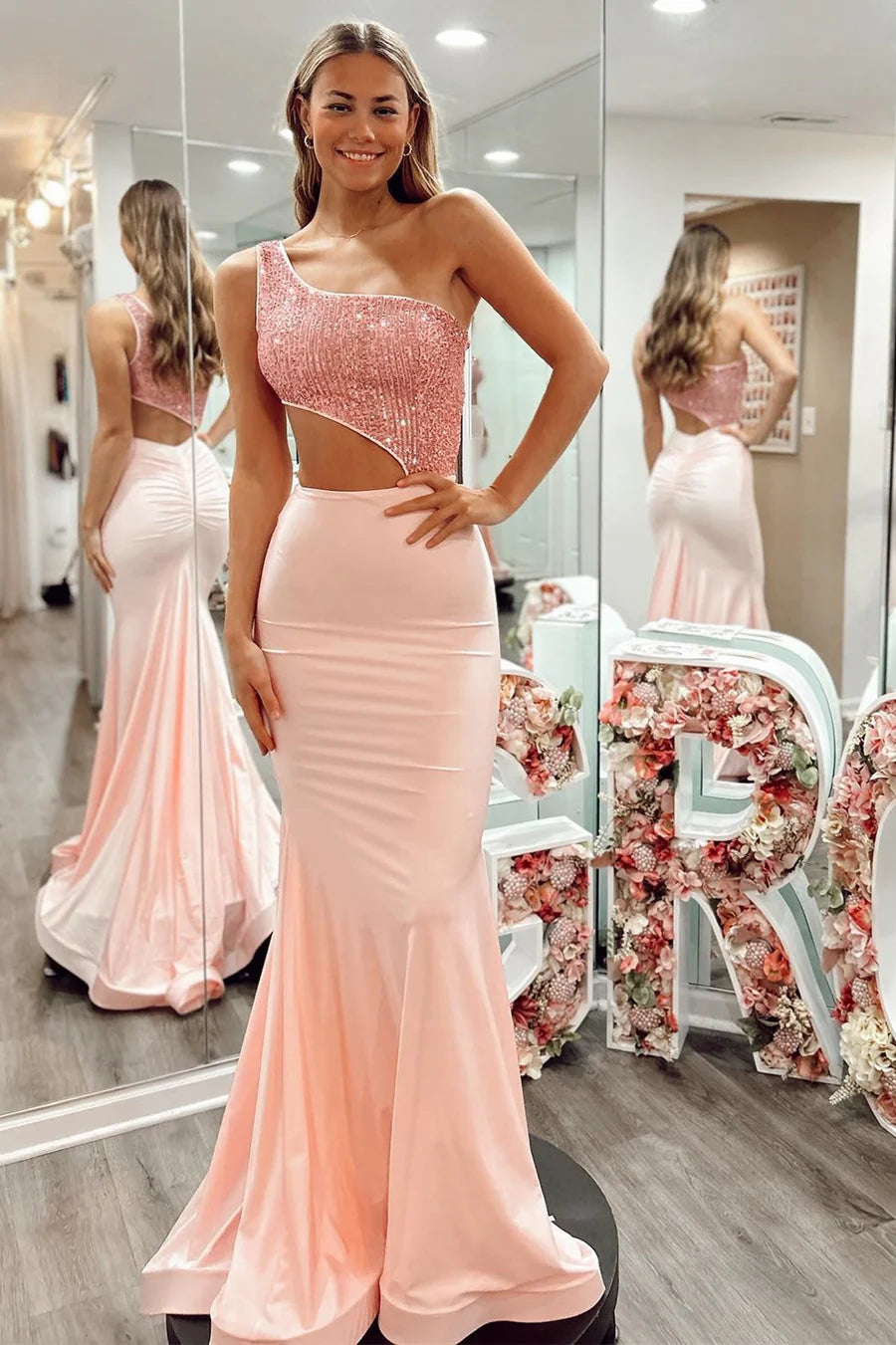 One-Shoulder Pink Sequin Cutout Prom Dress