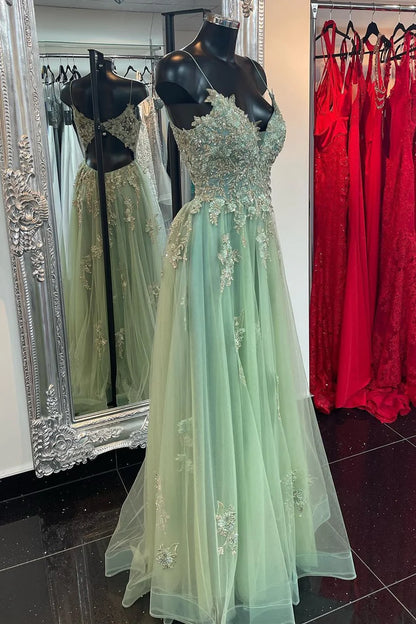 A-Line Beaded Embroidery Cutout Back Prom Dress with Slit