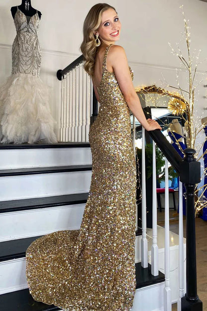 Square Neck Sequin Backless Prom Dress with Slit