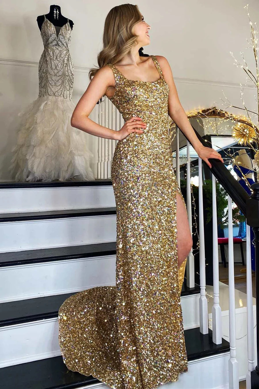 Square Neck Sequin Backless Prom Dress with Slit