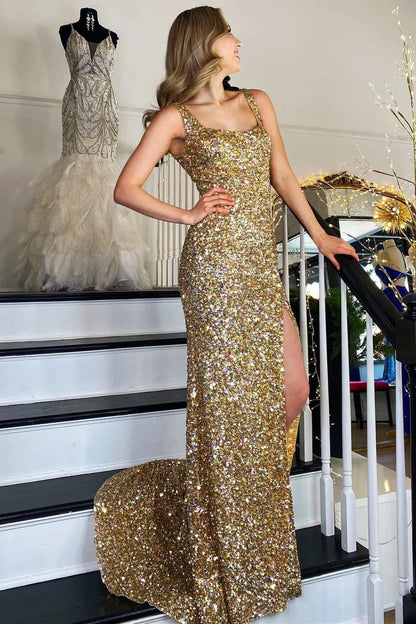 Square Neck Sequin Backless Prom Dress with Slit