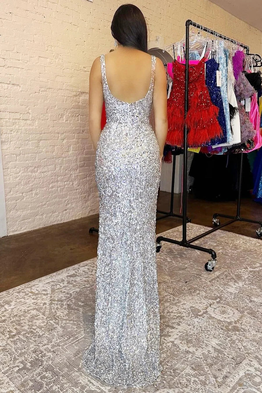 Square Neck Sequin Backless Prom Dress with Slit